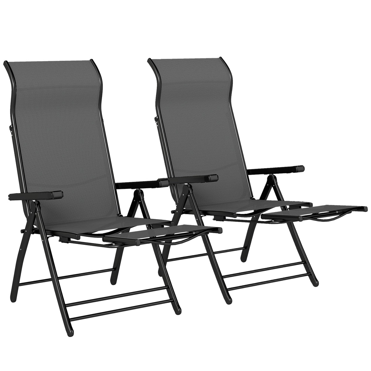 Set of 2 Folding Patio Chairs with Footrest and 5-Position Recline, Dark Grey