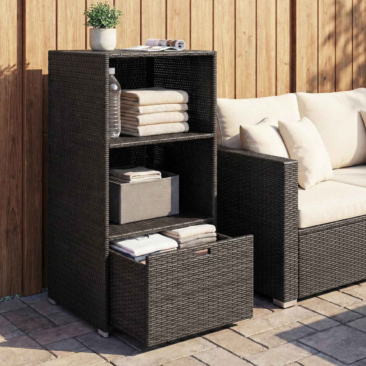 Pool Towel Rack with 2 Shelves and Basket Drawer, PE Rattan, Dark Brown