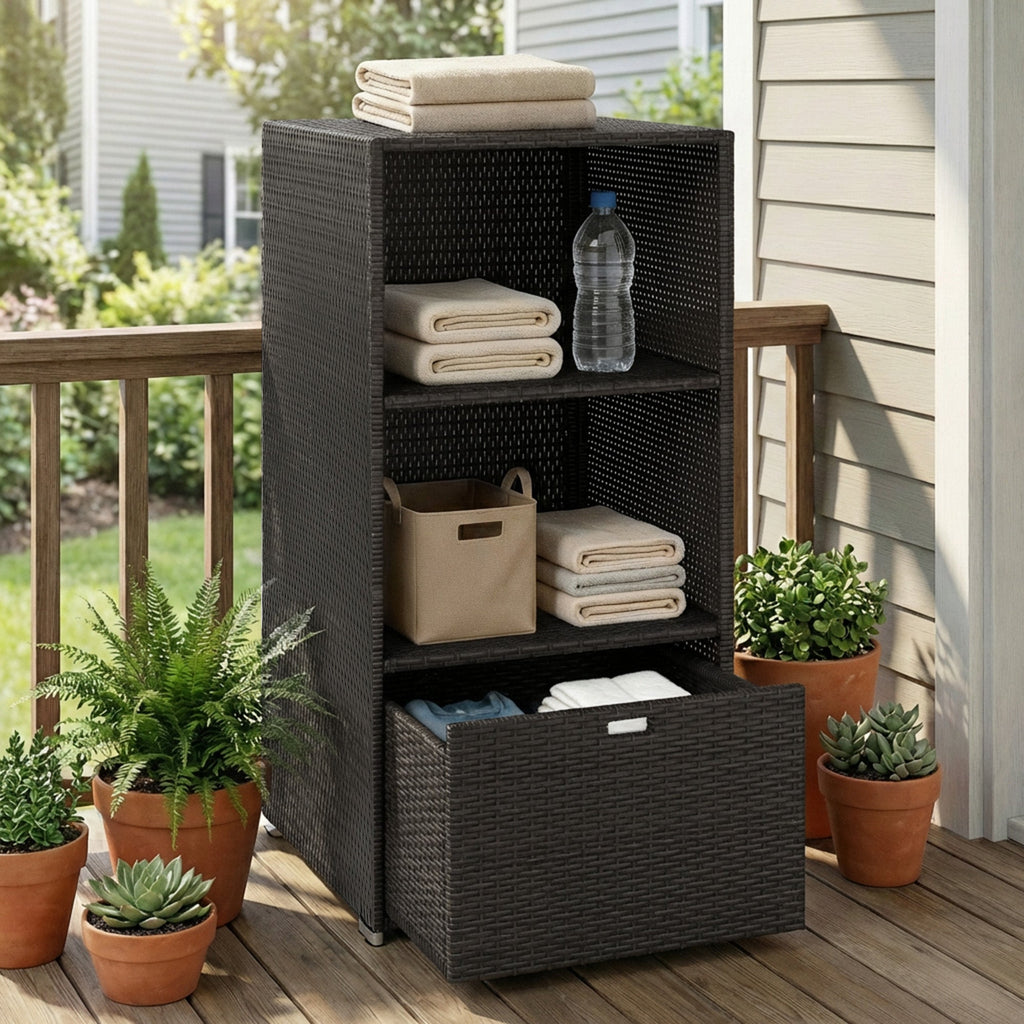 Pool Towel Rack with 2 Shelves and Basket Drawer, PE Rattan, Dark Brown
