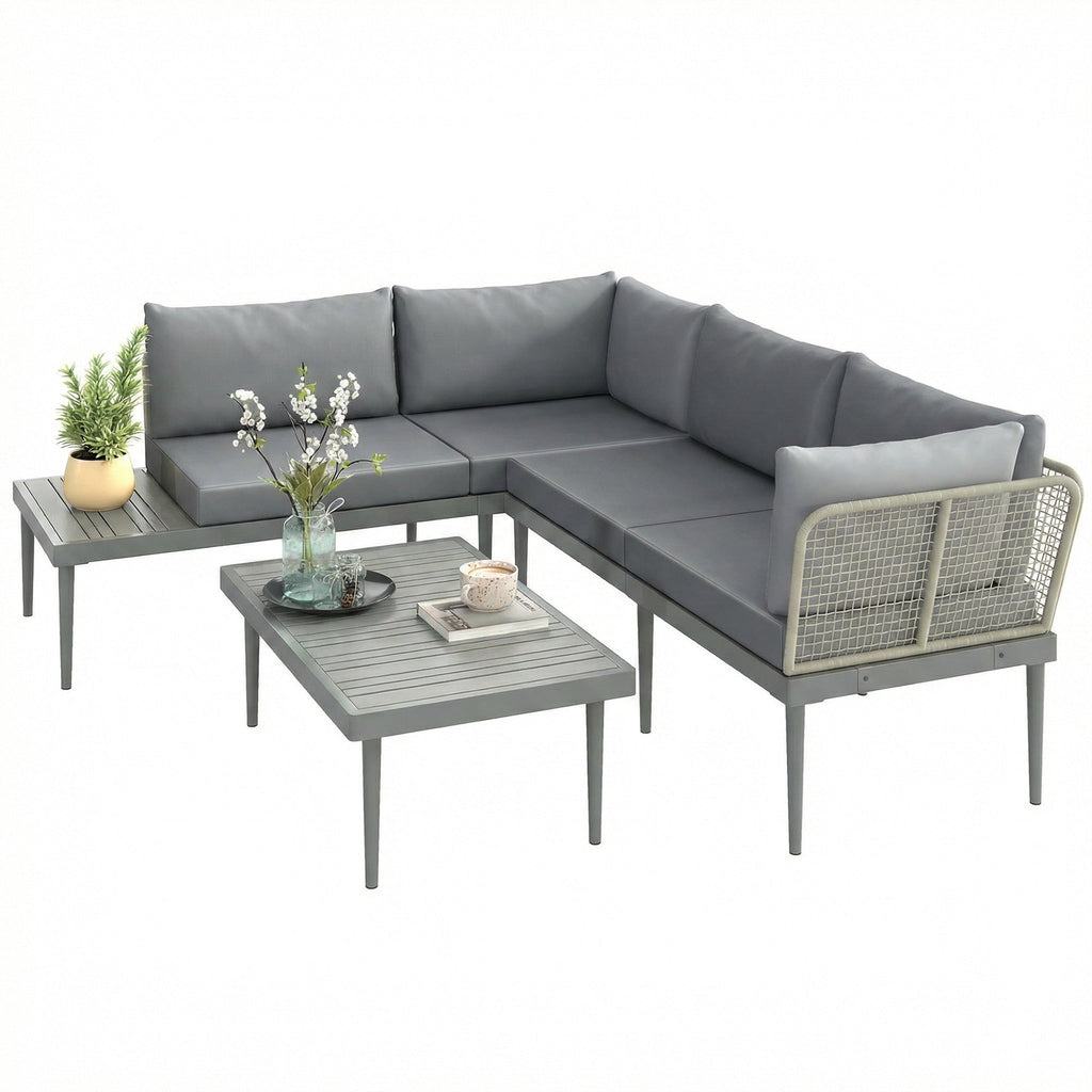 4-Seater L-Shaped Rattan Corner Sofa Set with Acacia Wood Coffee Table, Grey