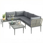 4-Seater L-Shaped Rattan Corner Sofa Set with Acacia Wood Coffee Table, Grey