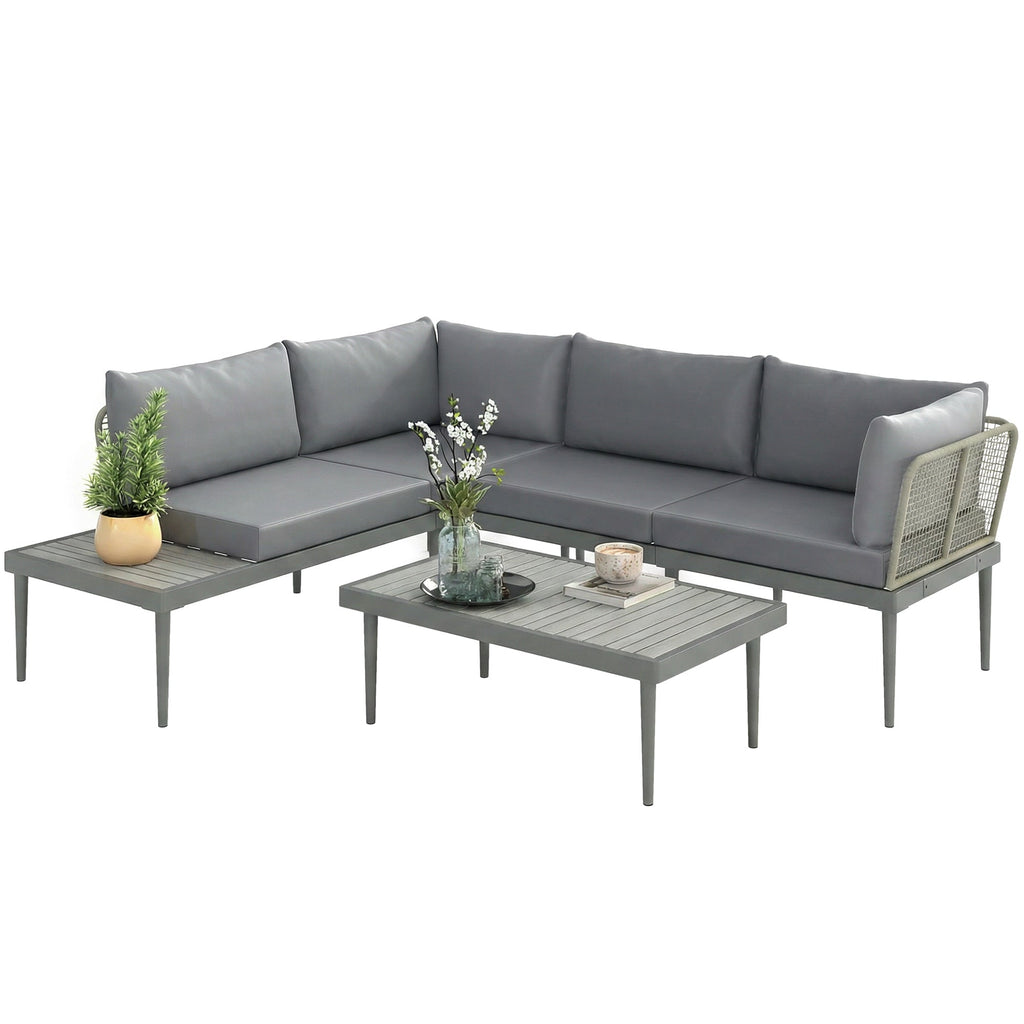 4-Seater L-Shaped Rattan Corner Sofa Set with Acacia Wood Coffee Table, Grey