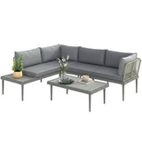 4-Seater L-Shaped Rattan Corner Sofa Set with Acacia Wood Coffee Table, Grey