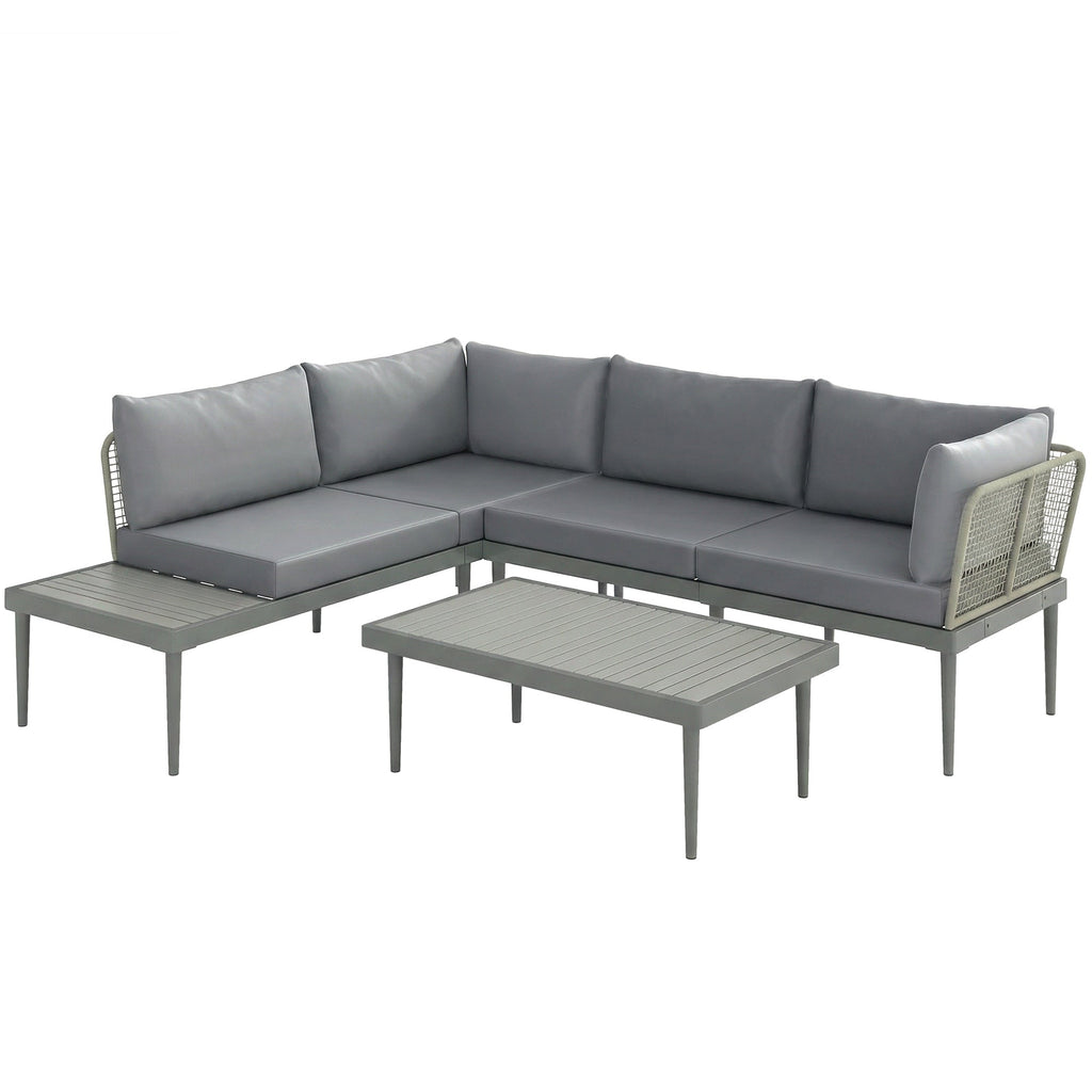 4-Seater L-Shaped Rattan Corner Sofa Set with Acacia Wood Coffee Table, Grey