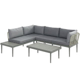 4-Seater L-Shaped Rattan Corner Sofa Set with Acacia Wood Coffee Table, Grey