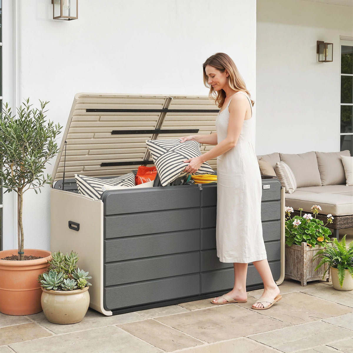 757 L Garden Storage Box with Wheels and Lockable Lid, Beige/Grey