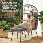 Standing PE Rattan Egg Chair with Footstool and Thick Cushions, Light Grey
