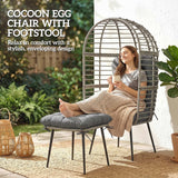 Standing PE Rattan Egg Chair with Footstool and Thick Cushions, Light Grey
