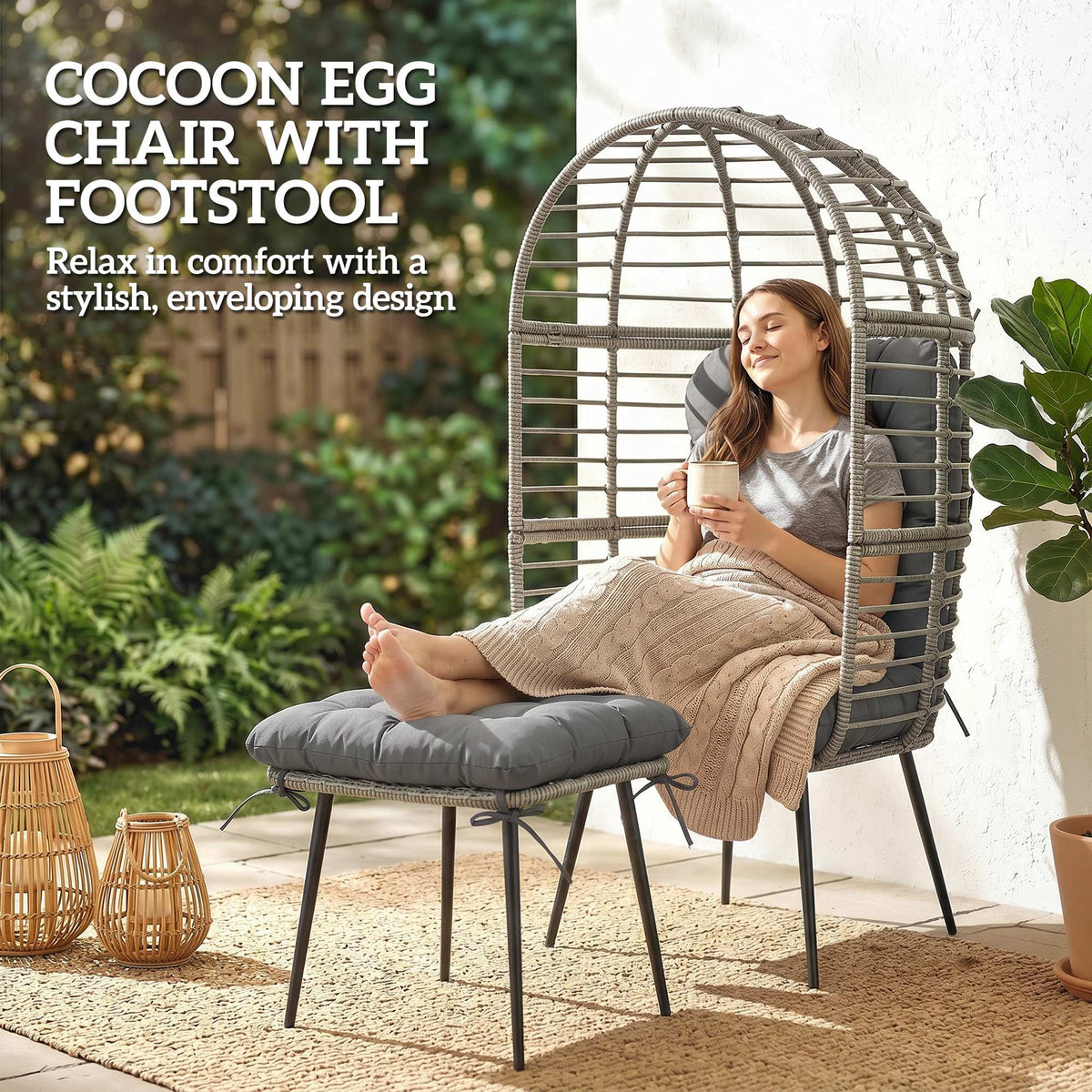 Standing PE Rattan Egg Chair with Footstool and Thick Cushions, Light Grey