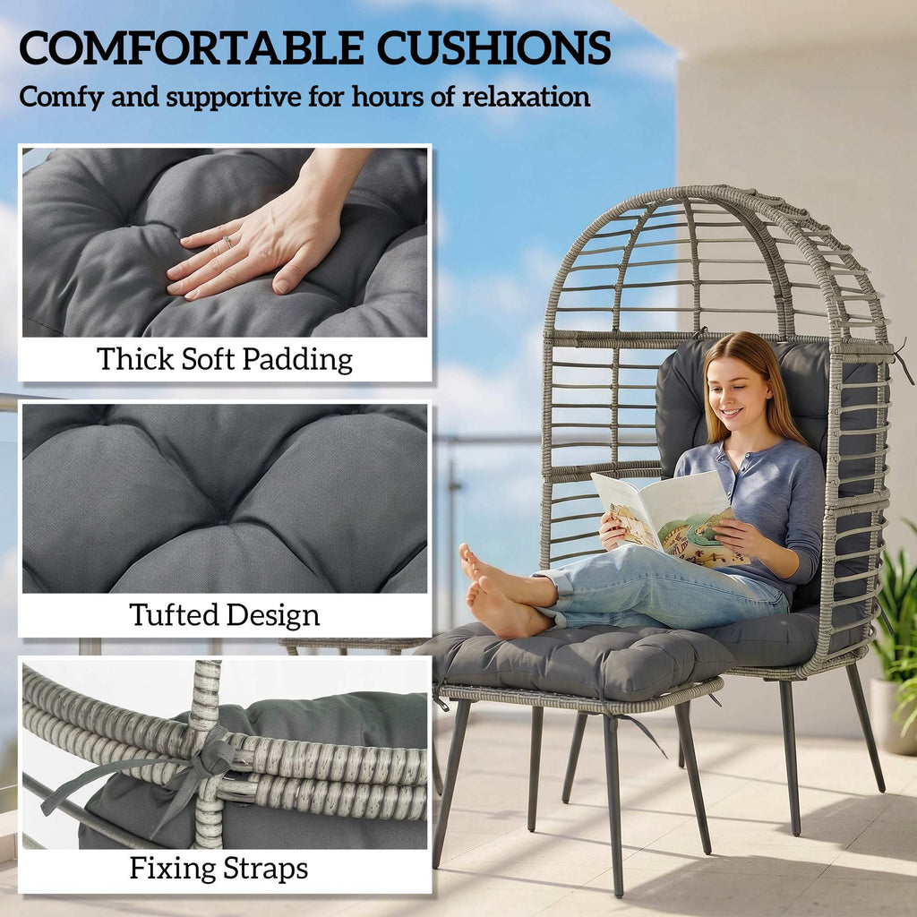 Standing PE Rattan Egg Chair with Footstool and Thick Cushions, Light Grey