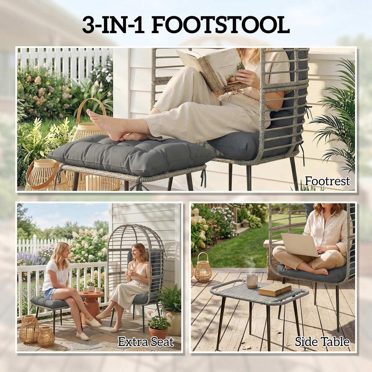 Standing PE Rattan Egg Chair with Footstool and Thick Cushions, Light Grey