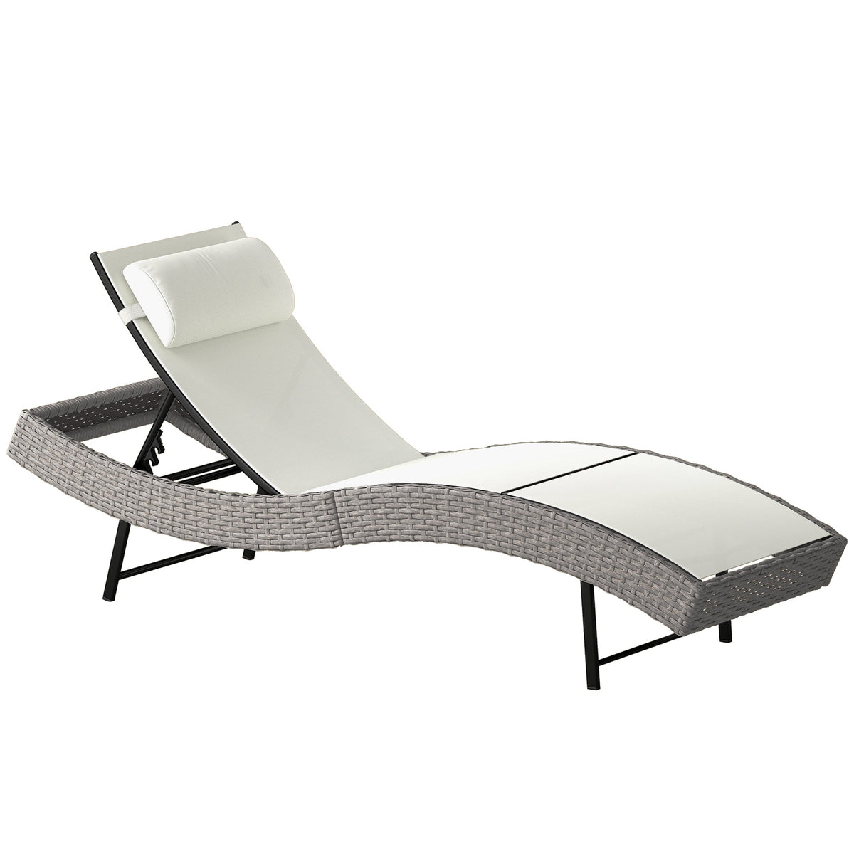 Rattan Sun Lounger with S-Shaped Seat and 5-Position Backrest, Cream White