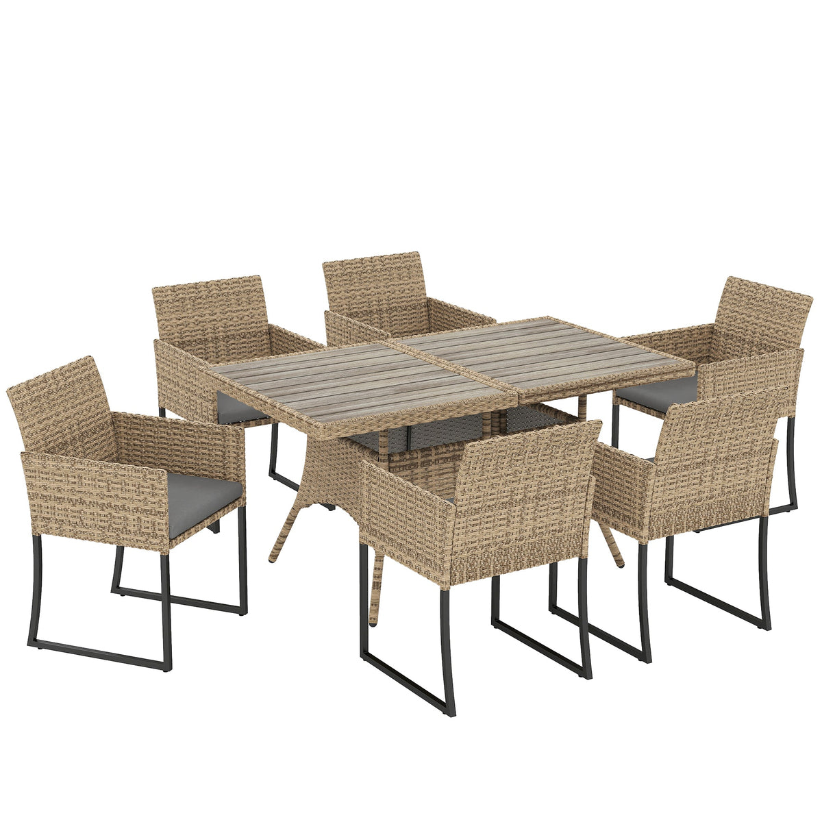 7-Piece Dark Grey Rattan Dining Set with WPC Table, 6 Chairs & Cushions