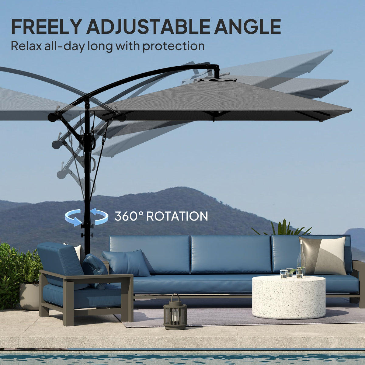 Offset Patio Umbrella with Base, Cover and Tilt Function, Grey