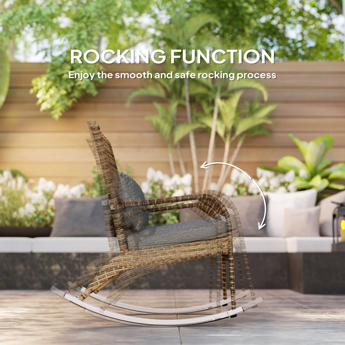 Wicker Adirondack Rocking Chair with Cushion and Pillow, Grey/Mixed Yellow