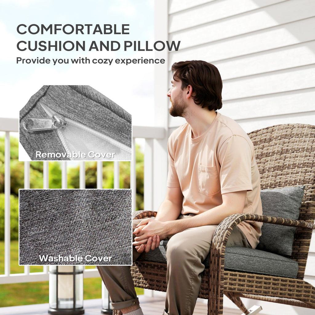 Wicker Adirondack Rocking Chair with Cushion and Pillow, Grey/Mixed Yellow