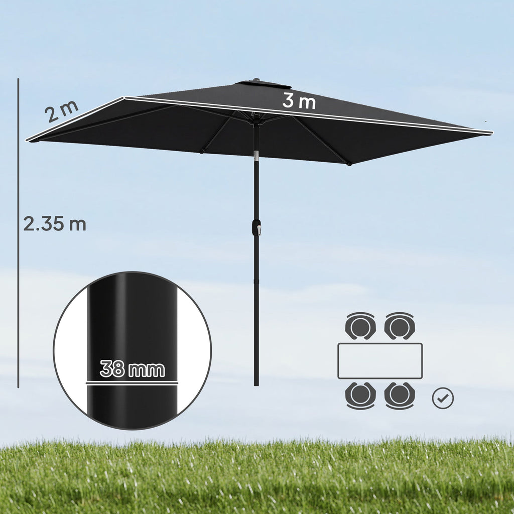 3 x 2 m Garden Parasol with Crank Handle and Tilt Function, Black