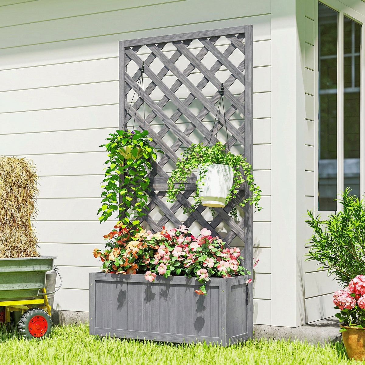 Wood Planter with Trellis and Drainage Holes, Grey