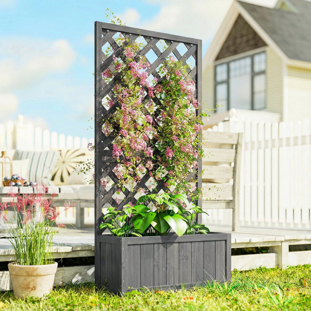 Wood Planter with Trellis and Drainage Holes, Grey