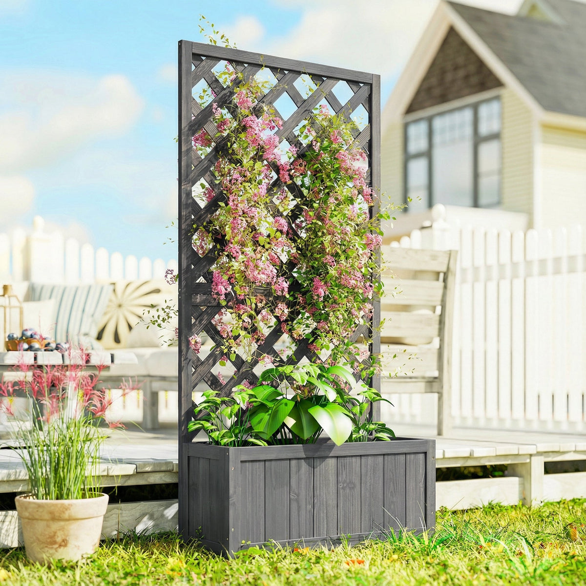 Wood Planter with Trellis and Drainage Holes, Grey