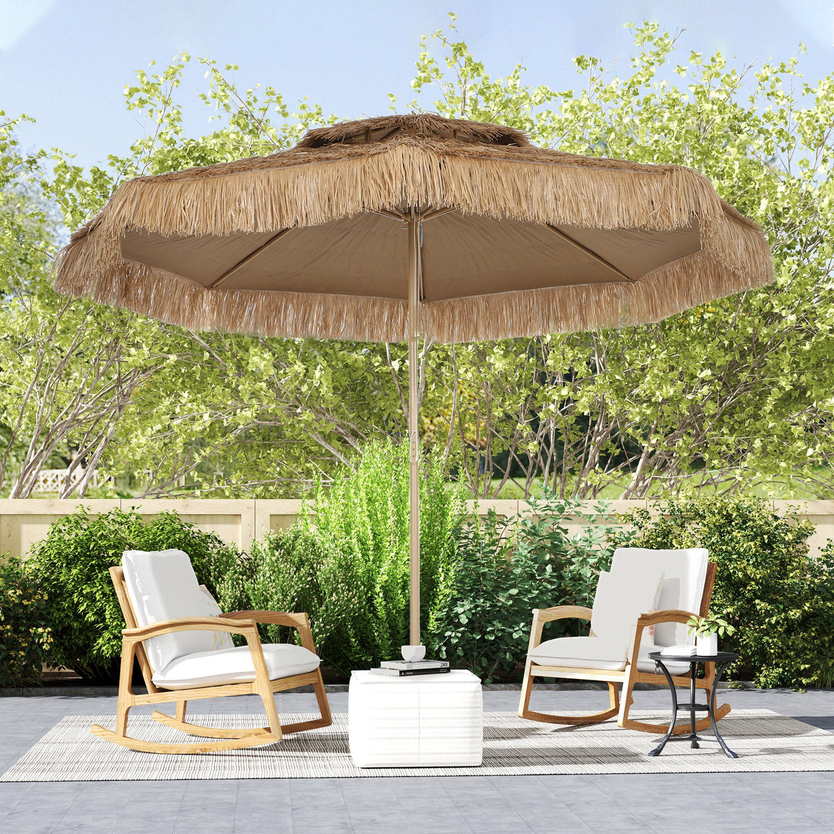 10FT Hula Thatched Tiki Patio Umbrella with 2-Tier Canopy, Natural