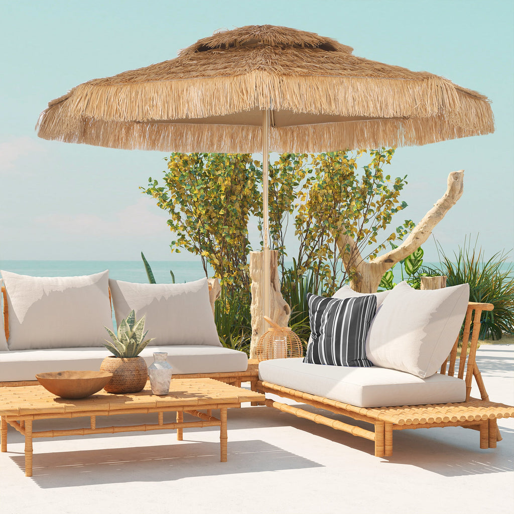 10FT Hula Thatched Tiki Patio Umbrella with 2-Tier Canopy, Natural