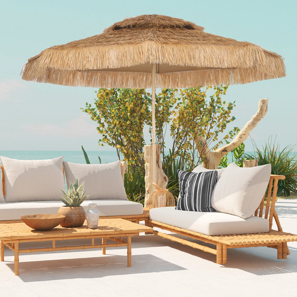 10FT Hula Thatched Tiki Patio Umbrella with 2-Tier Canopy, Natural