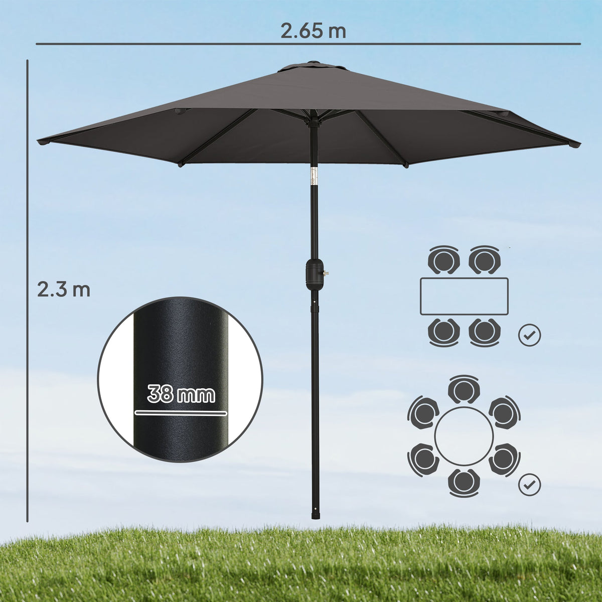 2.6 m Garden Parasol with Tilt, Crank, Vent & Aluminium Pole, Black