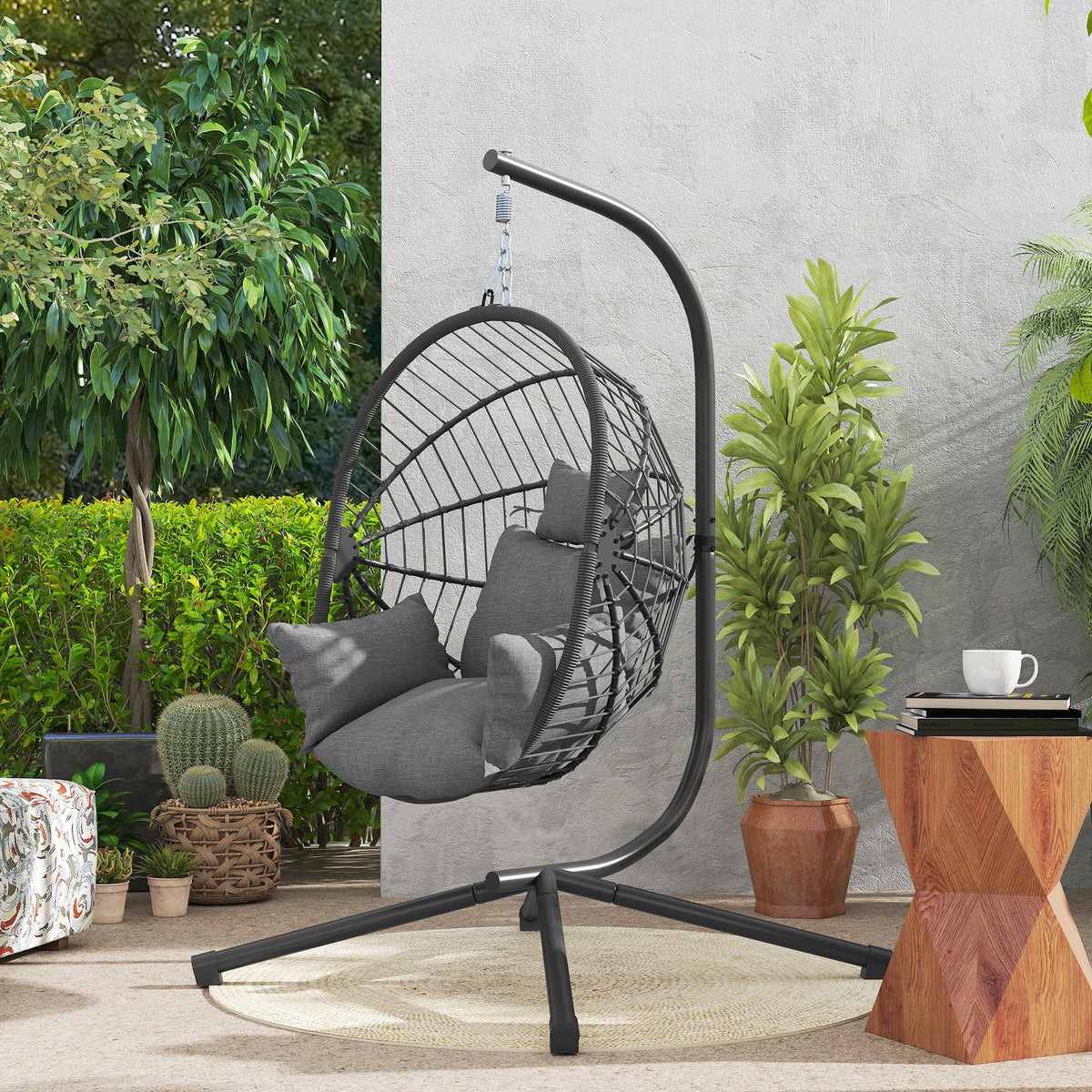 Hanging Egg Chair with Stand, Thick Cushion and Cup Holder, Grey