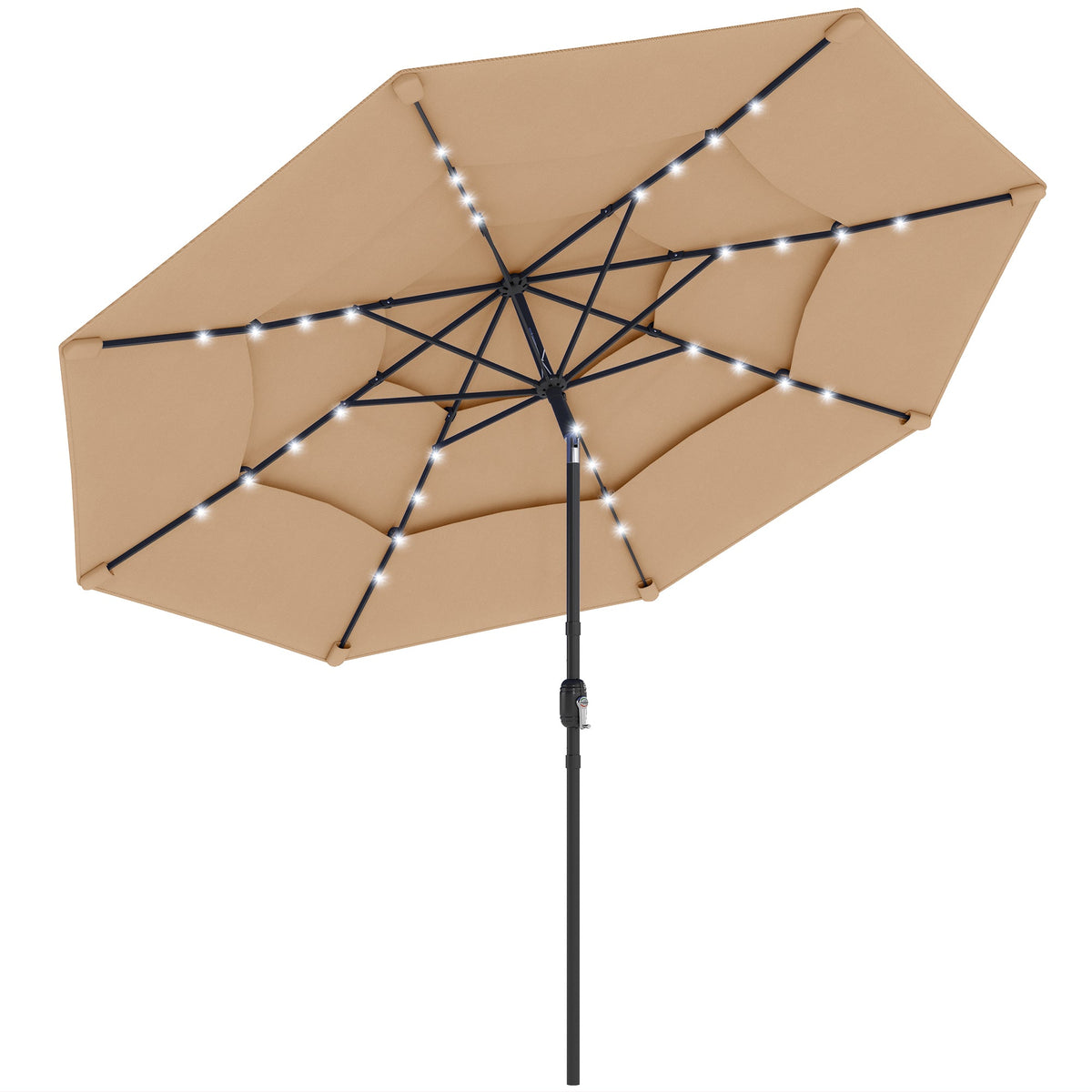 2.8 m Garden Parasol with Solar LED Light, Cover and 3-Tier Top, Khaki