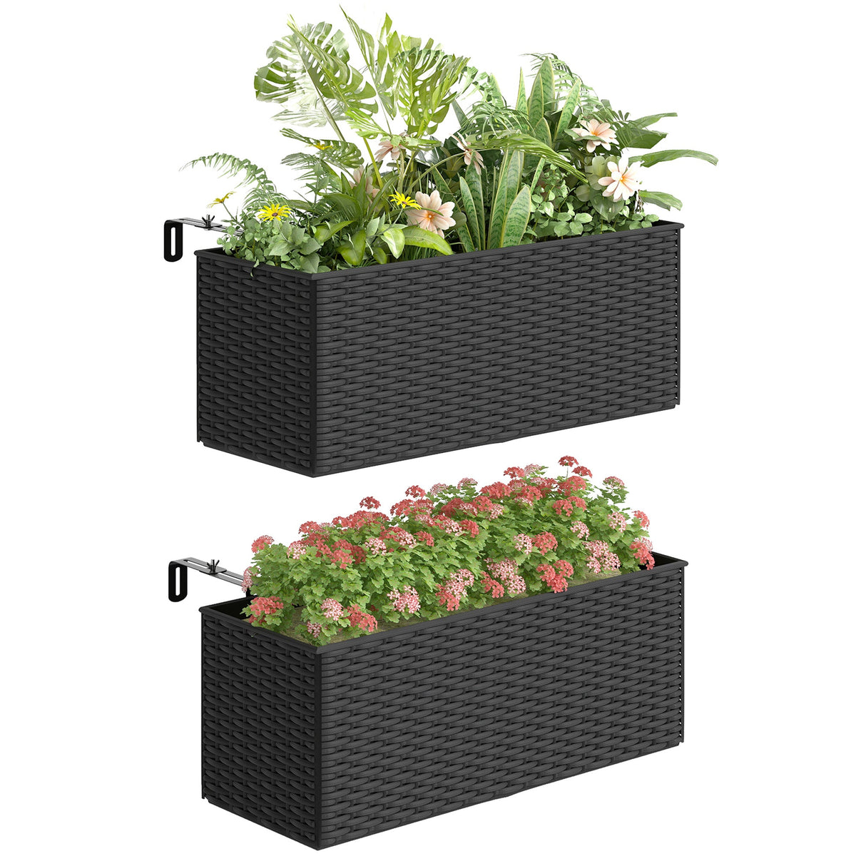 2 Pack 20" Railing Planter Boxes with Hooks and Drainage, Black