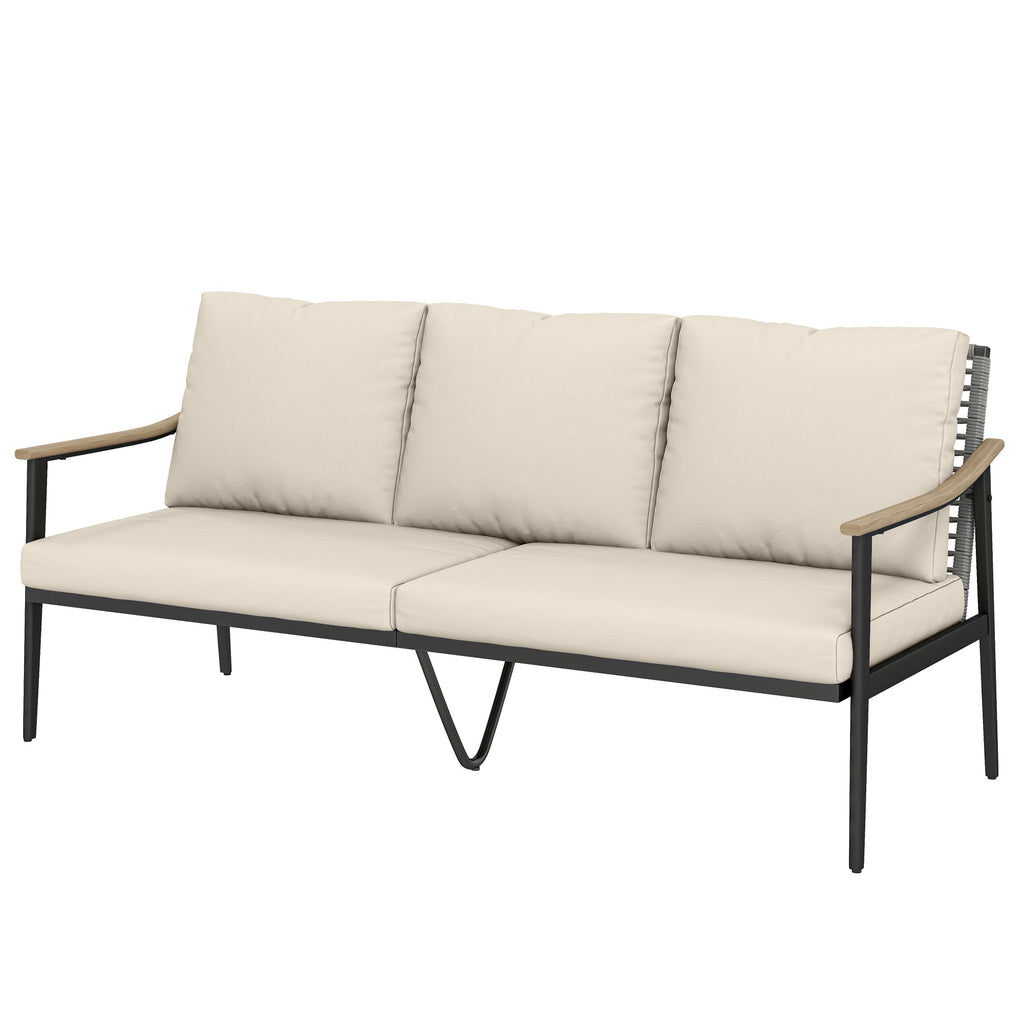 3 Seater Rattan Sofa with Wood-Effect Armrests, Khaki