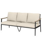 3 Seater Rattan Sofa with Wood-Effect Armrests, Khaki