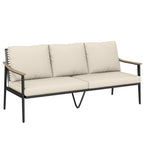 3 Seater Rattan Sofa with Wood-Effect Armrests, Khaki