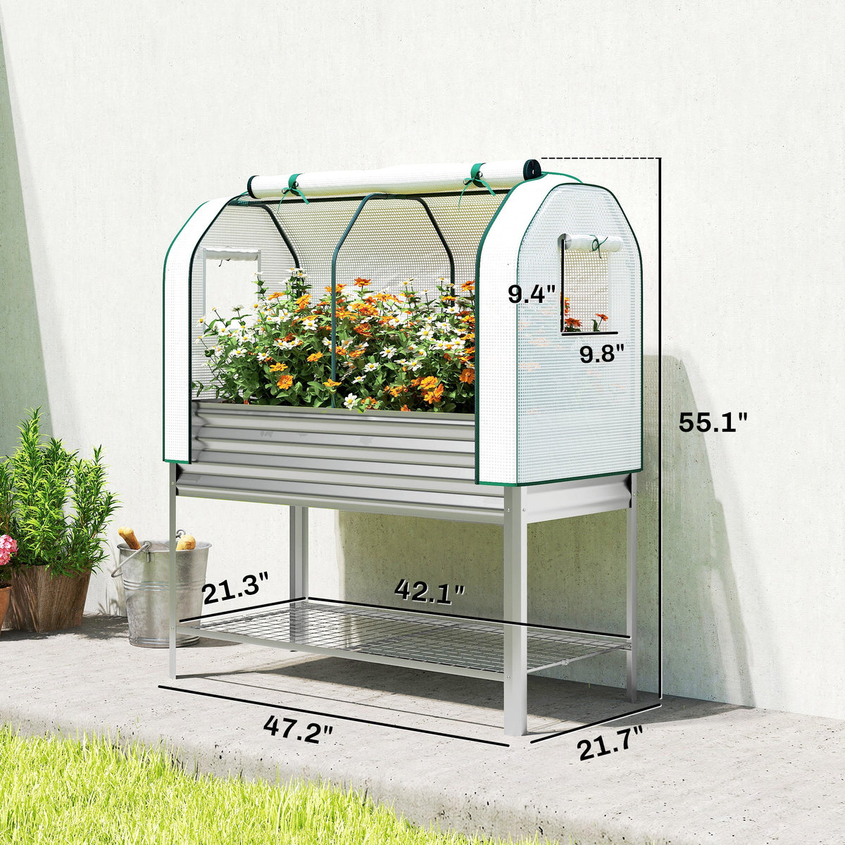 Galvanized Raised Garden Bed with Greenhouse Cover, Silver