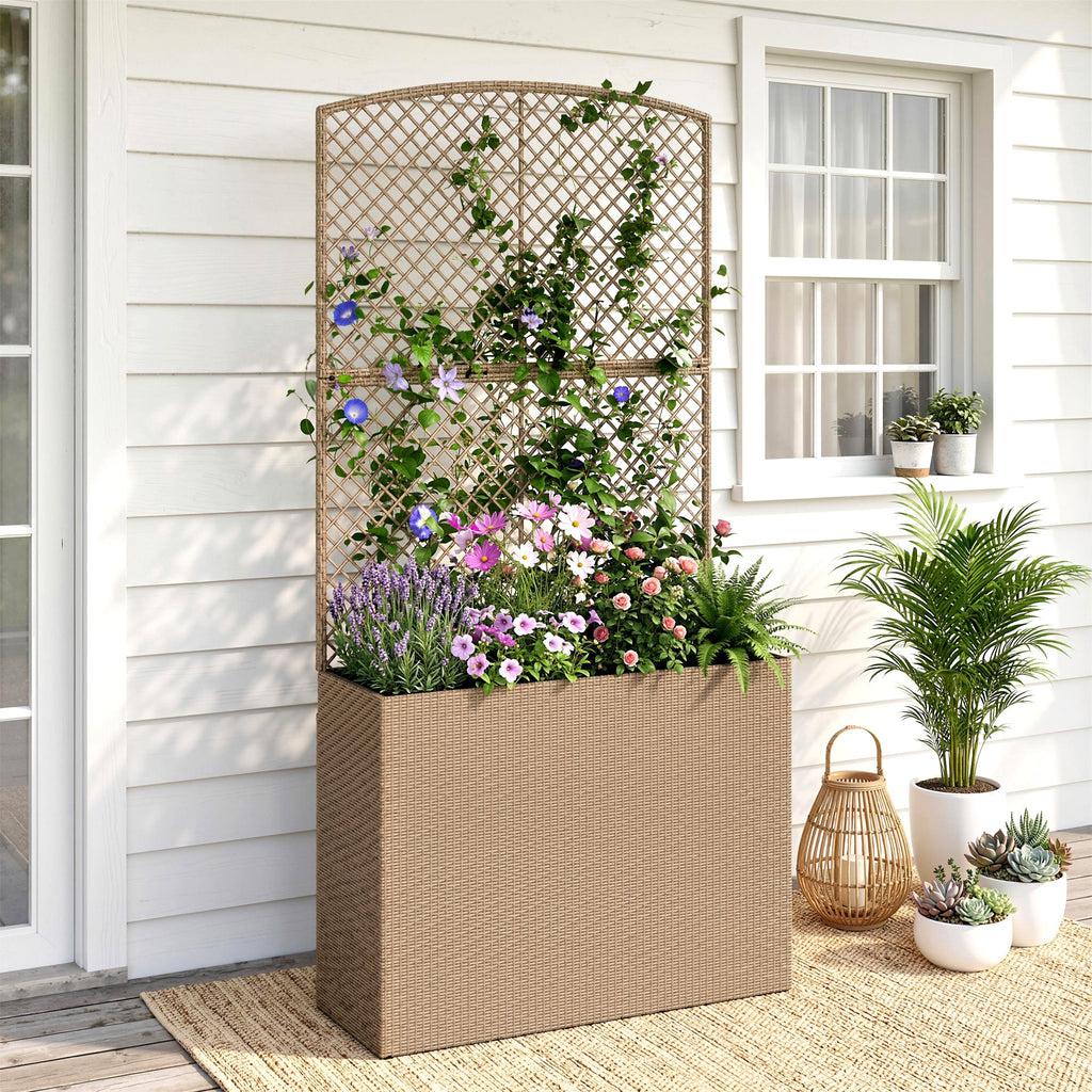 80 x 30 x 163 cm Rattan Raised Planter Box with Trellis and Liner, Light Grey