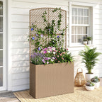 80 x 30 x 163 cm Rattan Raised Planter Box with Trellis and Liner, Light Grey