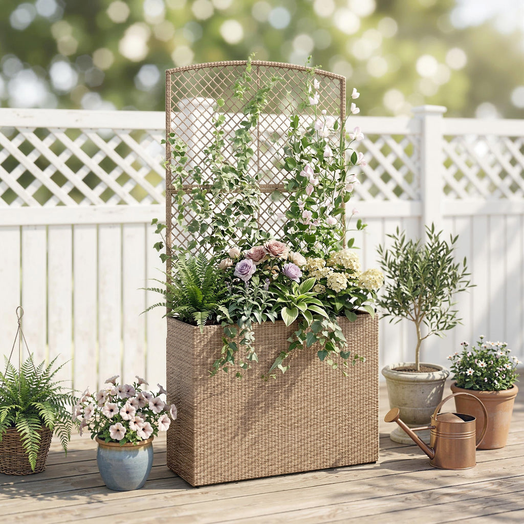 80 x 30 x 163 cm Rattan Raised Planter Box with Trellis and Liner, Light Grey