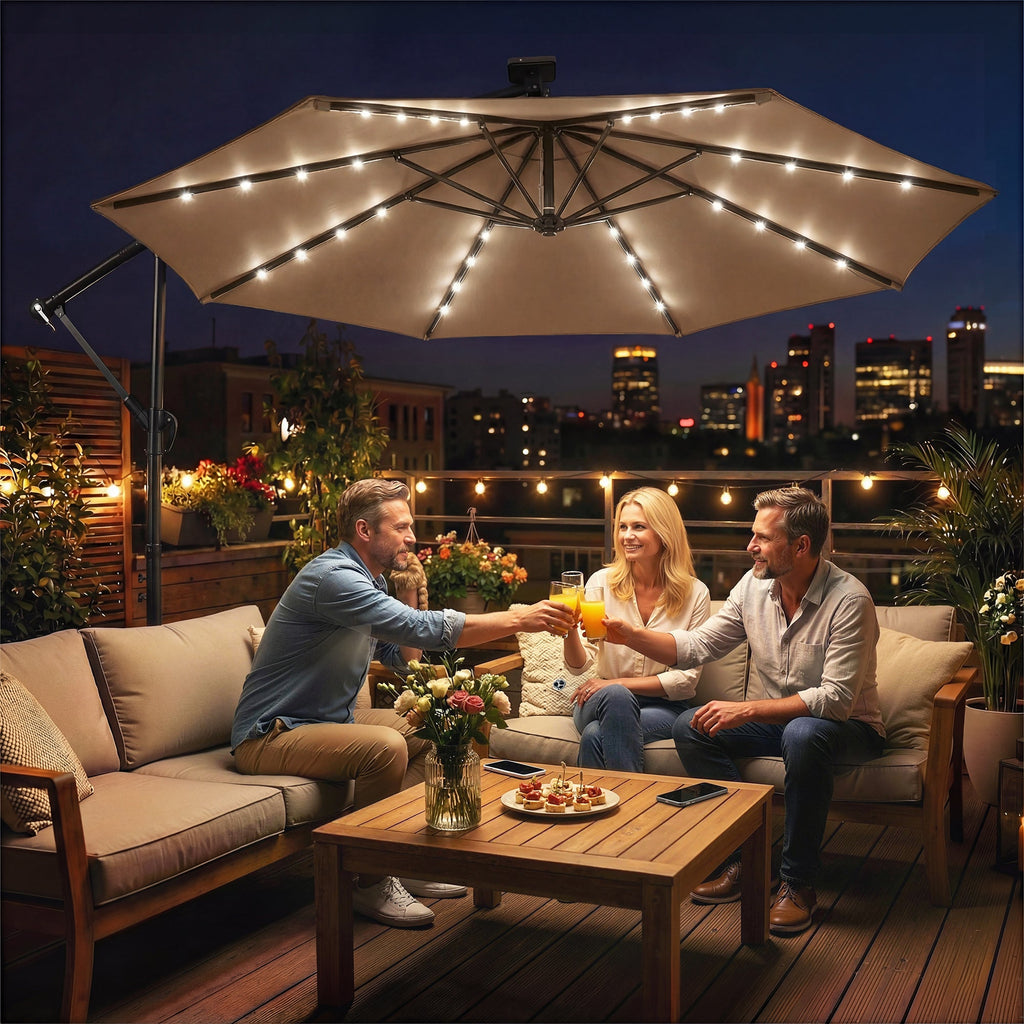 9.7 ft Cantilever Patio Umbrella with Solar LED Light and Cover, Khaki