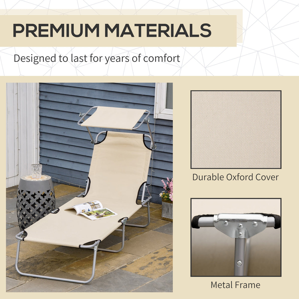 Adjustable Folding Lounge Chair with Sun Shade, Beige