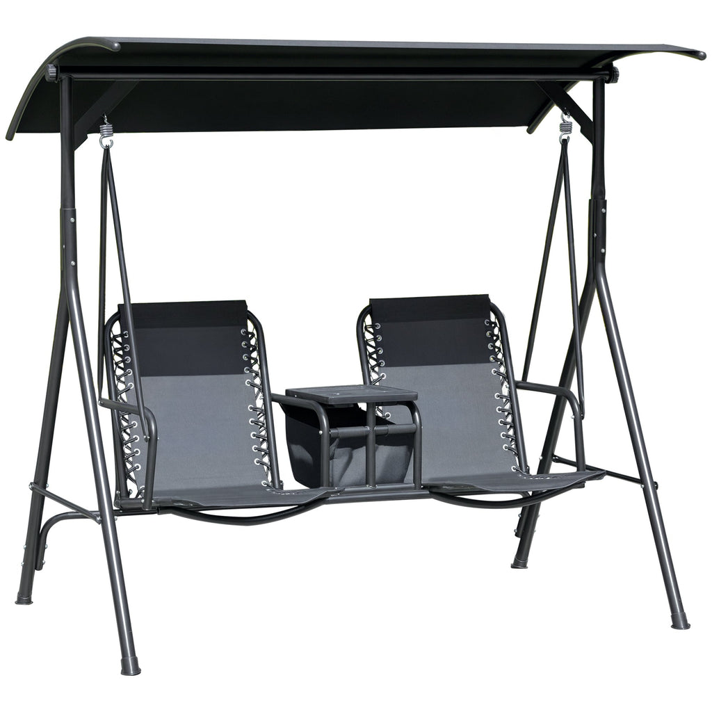 2 Person Porch Swing with Pivot Table, Cup Holder and Canopy, Black