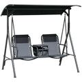 2 Person Porch Swing with Pivot Table, Cup Holder and Canopy, Black