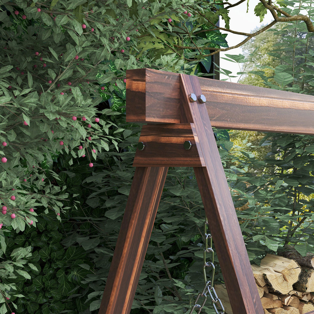 3-Seat Wooden Porch Swing with Stand & Side Tables, Carbonized Brown