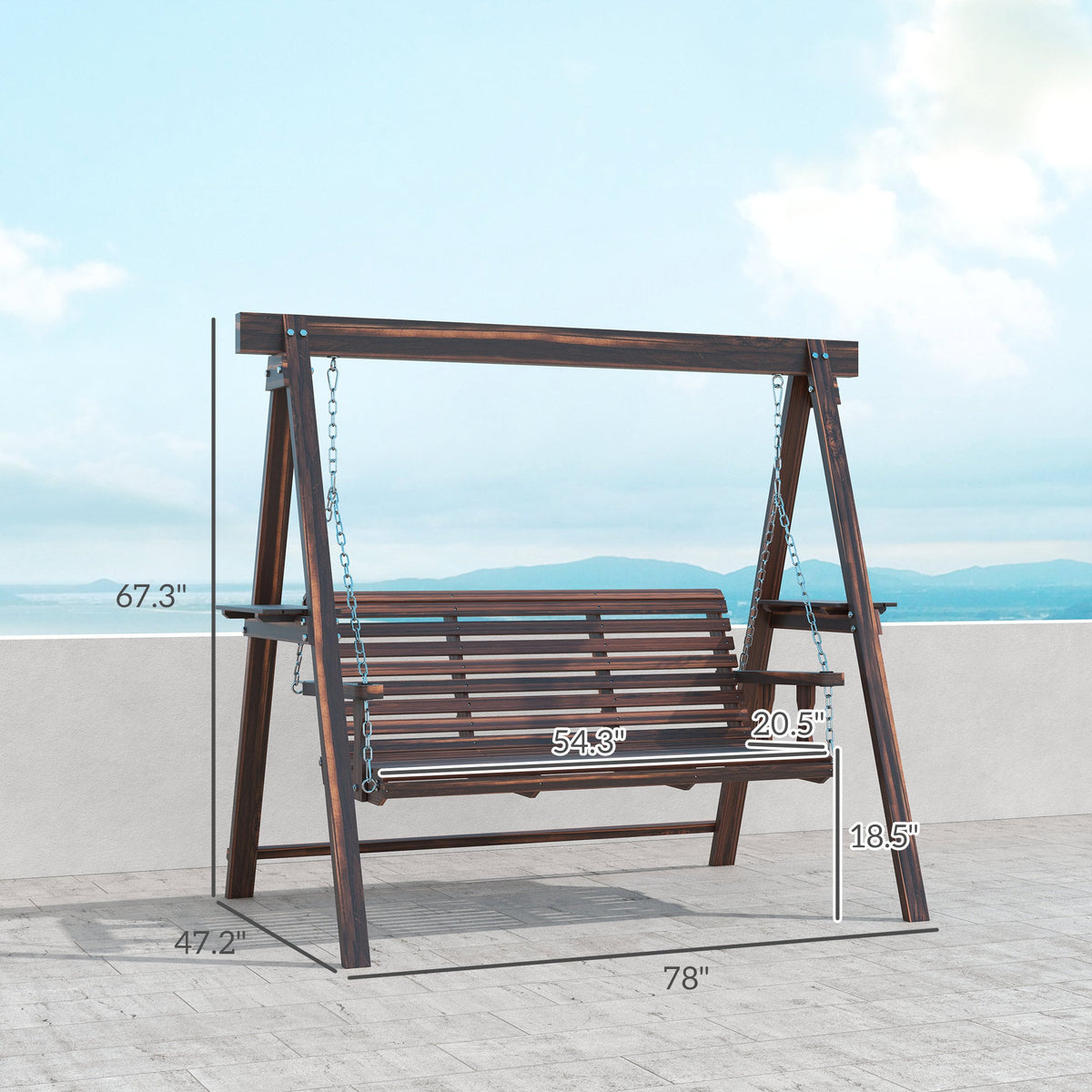 3-Seat Wooden Porch Swing with Stand & Side Tables, Carbonized Brown