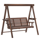 3-Seat Wooden Porch Swing with Stand & Side Tables, Carbonized Brown
