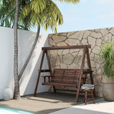 3-Seat Wooden Porch Swing with Stand & Side Tables, Carbonized Brown