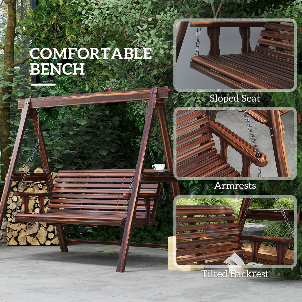 3-Seat Wooden Porch Swing with Stand & Side Tables, Carbonized Brown