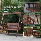 3-Seat Wooden Porch Swing with Stand & Side Tables, Carbonized Brown