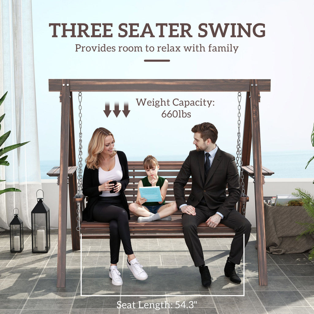 3-Seat Wooden Porch Swing with Stand & Side Tables, Carbonized Brown