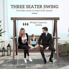 3-Seat Wooden Porch Swing with Stand & Side Tables, Carbonized Brown